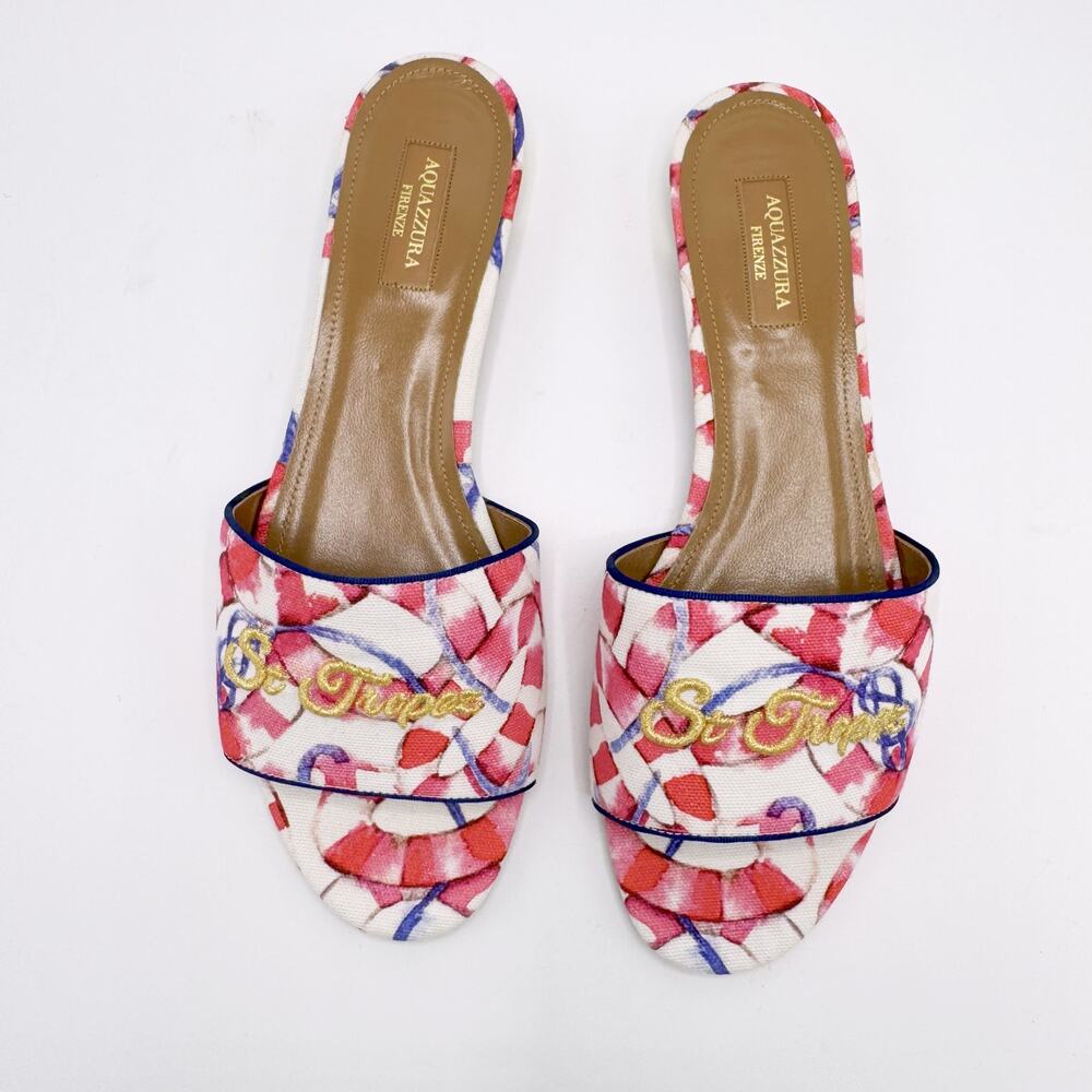 Aquazzura St. Tropez Embroidered Slide Sandals, Pink/white